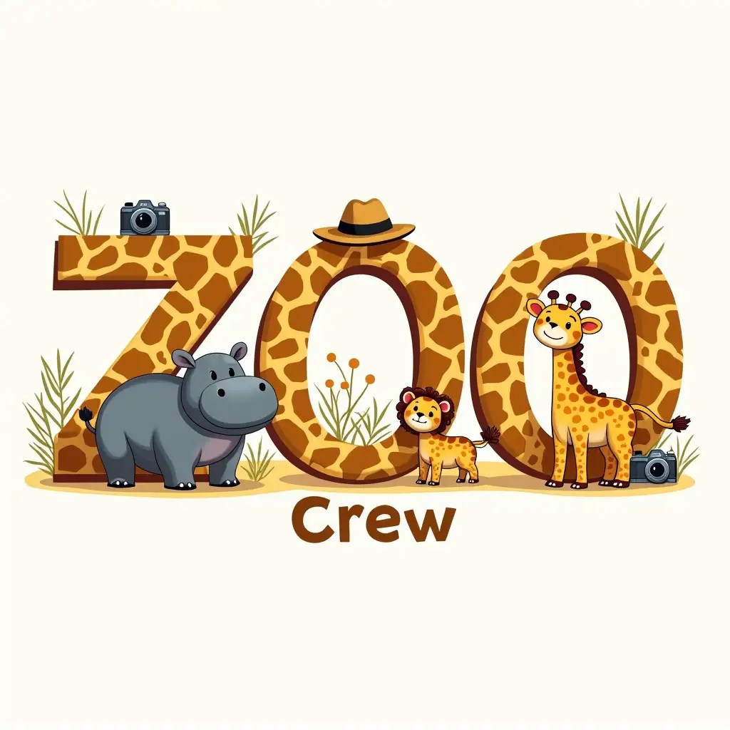 Simple lines. Create a vibrant, safari-themed image featuring the word 'ZOO' in bold, decorative letters. The letters should be decorated with leopard print, giraffe patterns, and other animal textures. A cute hippo, a baby giraffe, and a lion cub should be playing around the letters. A safari hat, a camera, and binoculars should be included in the scene. The word 'Crew' should be written boldly, below the word 'ZOO.'