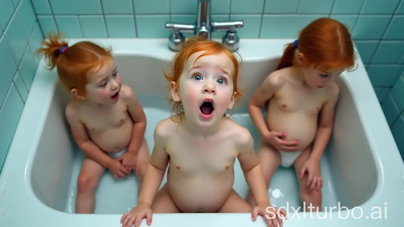 Pregnant-Redhead-Little-Girl-Yelling-in-Preschool-Bathroom-with-Water-Stream-Flowing