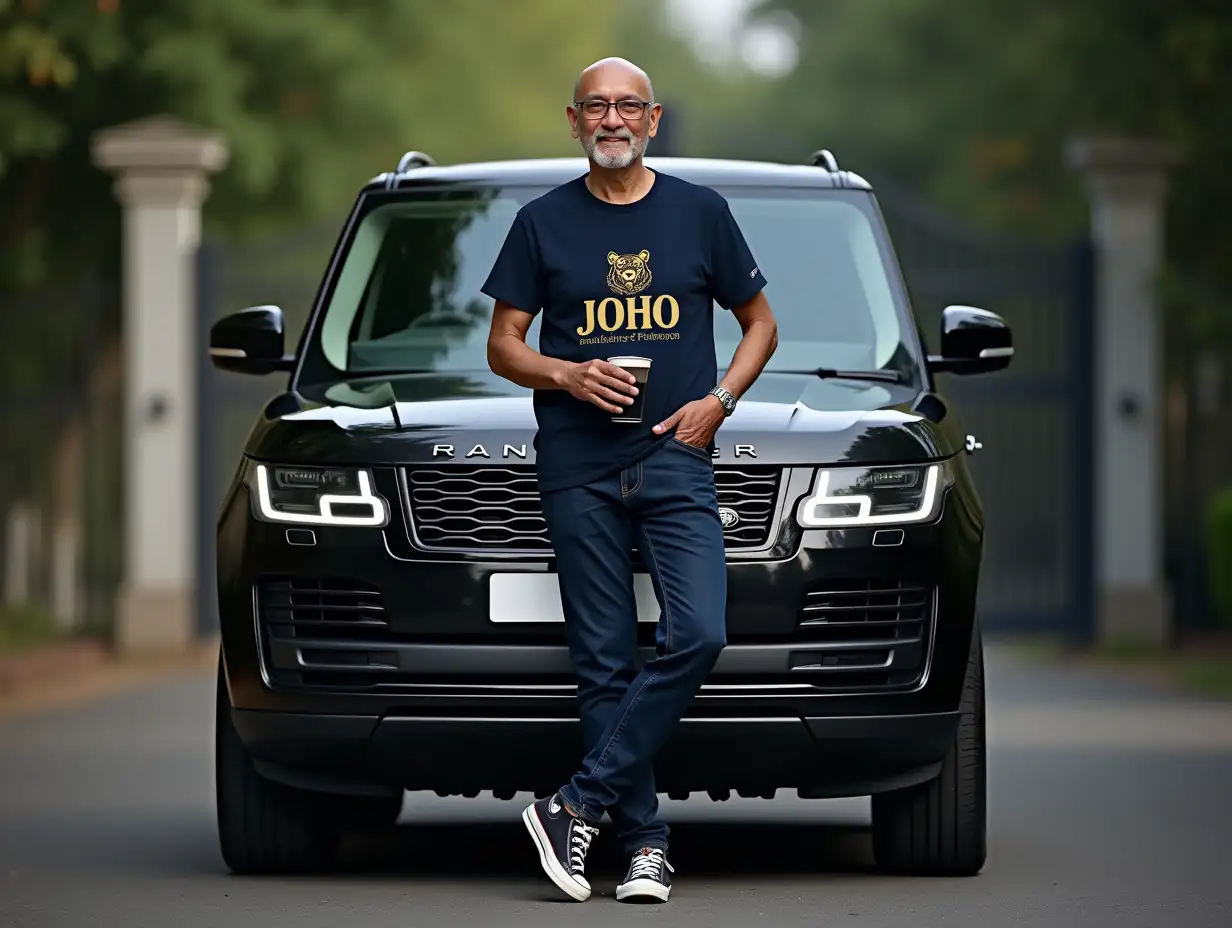 realistic photo of a tall handsome bald malay old man wearing a dark blue t-shirt,with a branding logo at the center. The text logo right spelling 'JOHO' is in a italic modern font, gold in color. Above the logo is an icon of a tiger, designed in a vintage gold color, dark blue slim fit jeans and converse shoes standing leaning against the front of mette black Range Rover SUV, holding a glass of black coffee, looking into the distance, aesthetic gate, hdr+