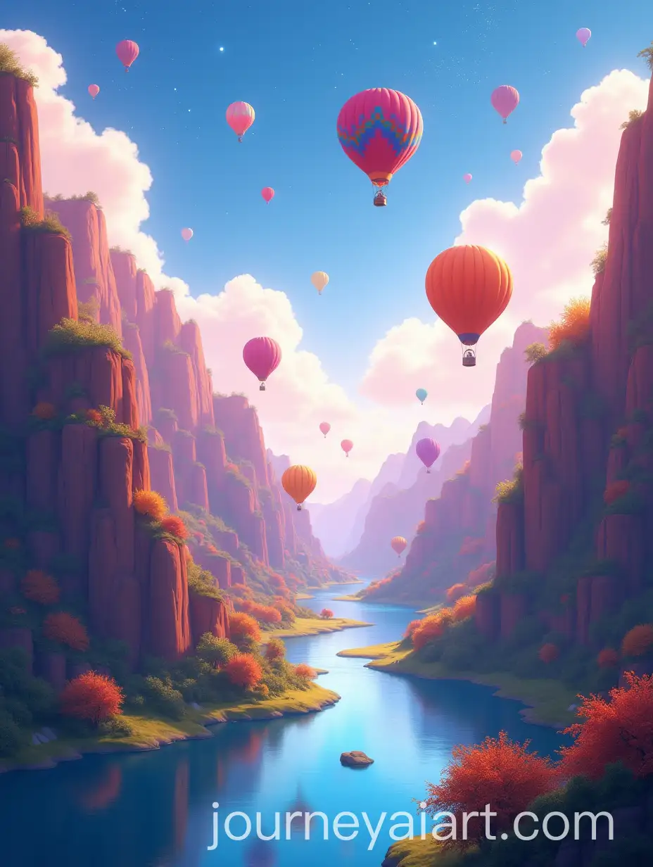Vibrant-Canyon-Adventure-with-Floating-Hot-Air-Balloons-and-Cosmic-Sky