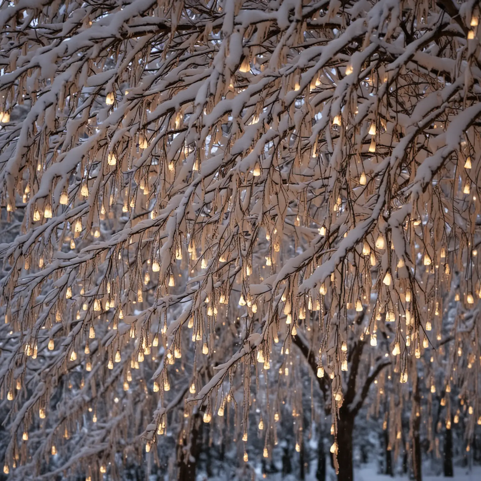 Winter Snowy Tree with Illuminated Lights Close Up