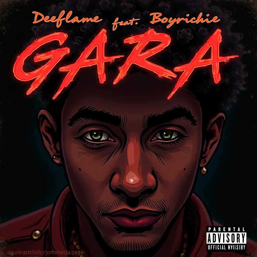 Make a music artwork cover with the title 'GARA.' The artist is Deeflame featuring Boyrichie. Use a mature musical background without showing a person face there, and include all the essential icons that should be on a music cover.Like the parental advisory logo 