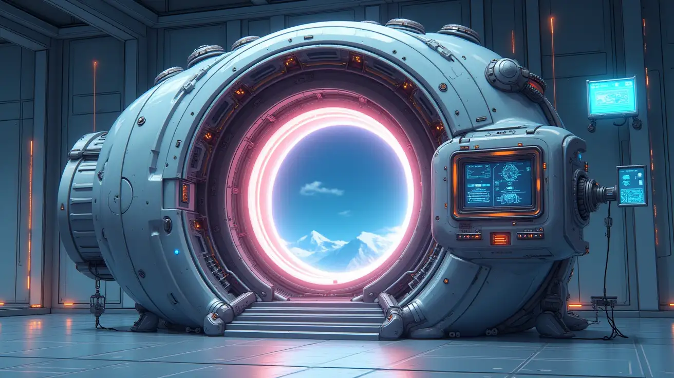 Anime drawing style, create a futuristic portal machine in an open, spacious environment. The machine features a sleek, high-tech design with smooth curves and a metallic finish. At its center, a large, glowing circular portal emits radiant light, surrounded by intricate machinery and energy conduits. On the right side of the portal, add an attached futuristic screen and keypad; the screen should be placed above the keypad, forming a compact and integrated unit. Include advanced control panels with holographic displays, buttons, and levers that appear interactive. Add floating screens showing data and maps around the machine. The open setting should be illuminated with ambient light, emphasizing the innovative and awe-inspiring technology. Anime style.