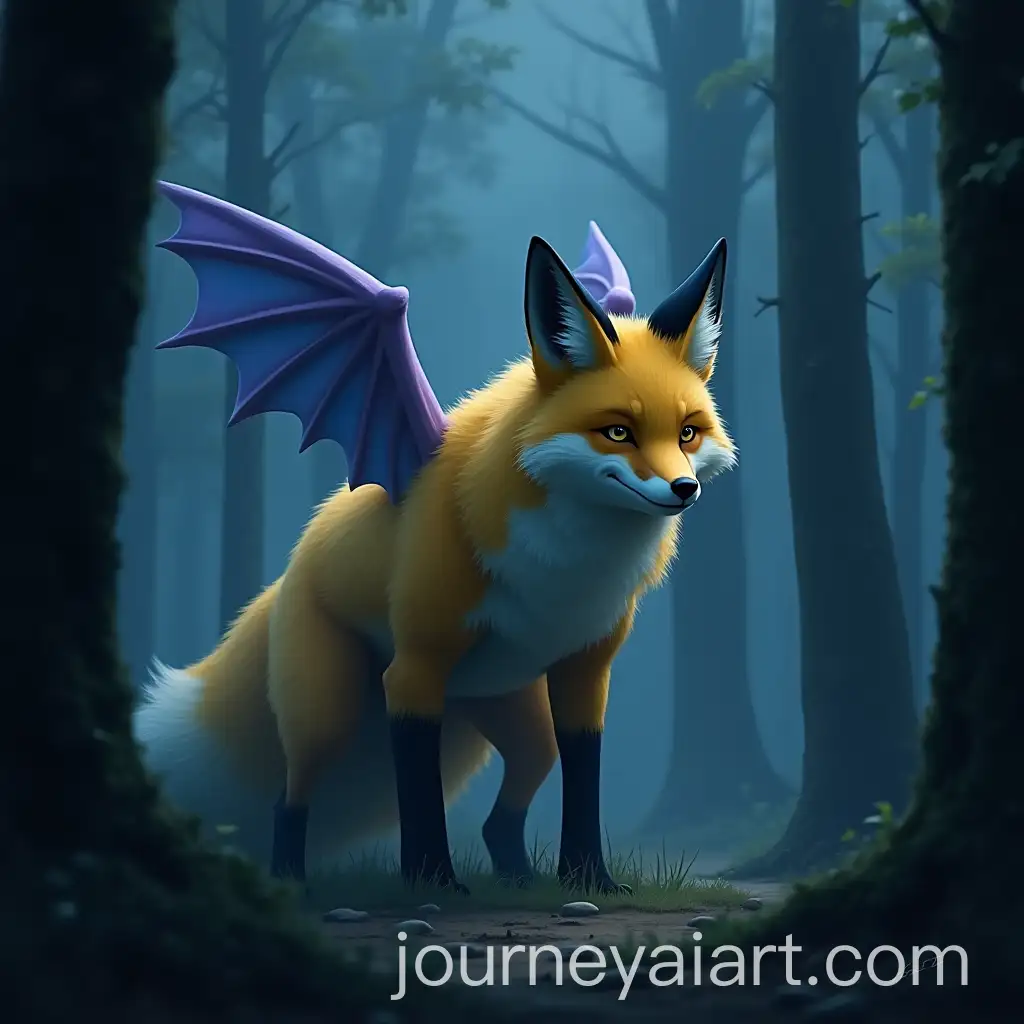 Giant-Fox-with-Yellow-Fur-and-SkyBlue-Wing-in-a-Forest-at-Night