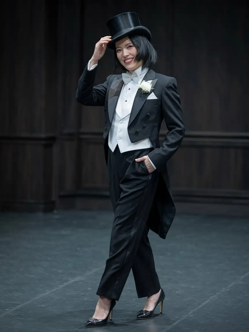 Elegant-Chinese-Woman-in-Tuxedo-with-Top-Hat-and-Corsage