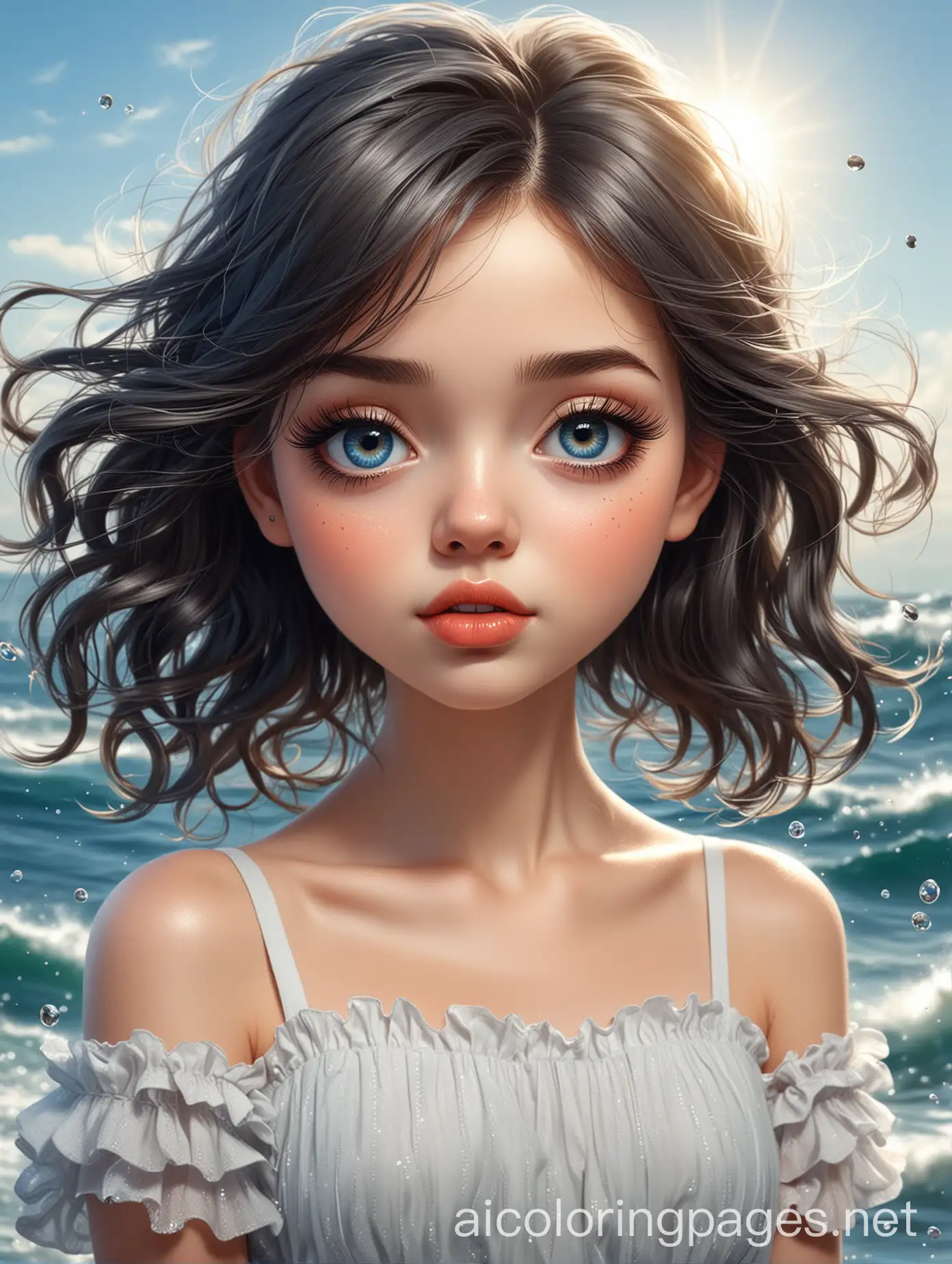 Angel-Girl-with-Red-Lips-and-Long-Black-Hair-in-Stormy-Blue-Seascape