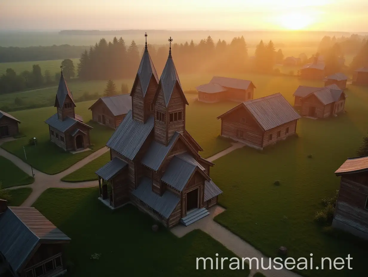 Aerial View of an 18thCentury Russian Village at Sunrise