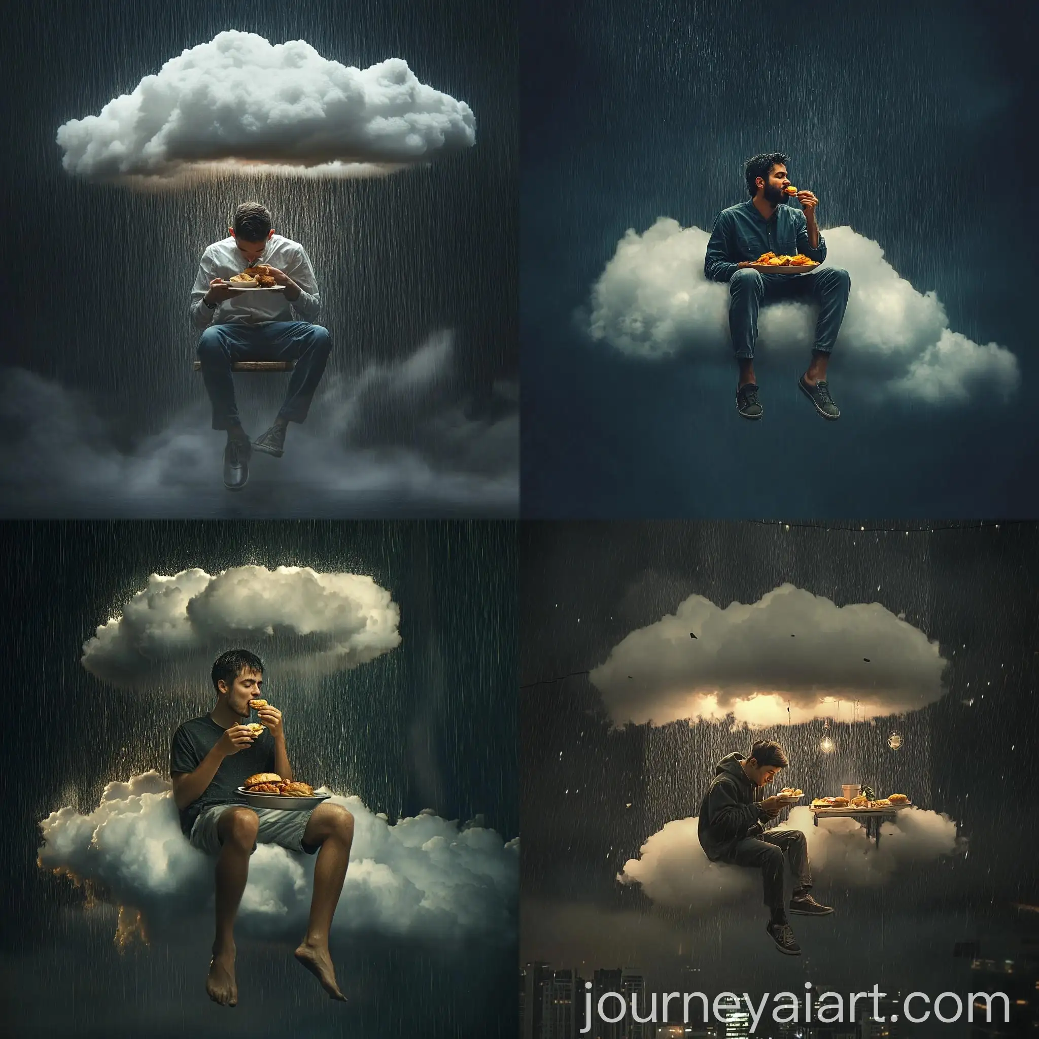 Man-Eating-Food-on-Cloud-During-Rainstorm