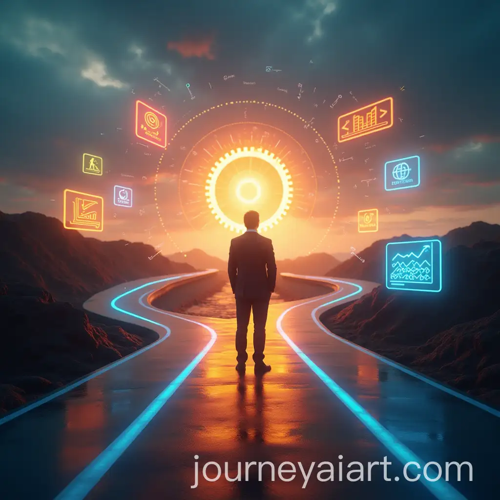 Businessman-at-Futuristic-Crossroads-with-Symbolic-Managerial-Goals-and-Sunset-Ambiance
