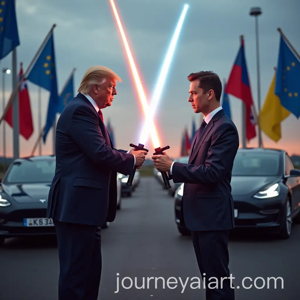 Donald-Trump-and-Elon-Musk-Duel-with-Lightsabers-Amid-European-Flags-and-Tesla-Model-3s