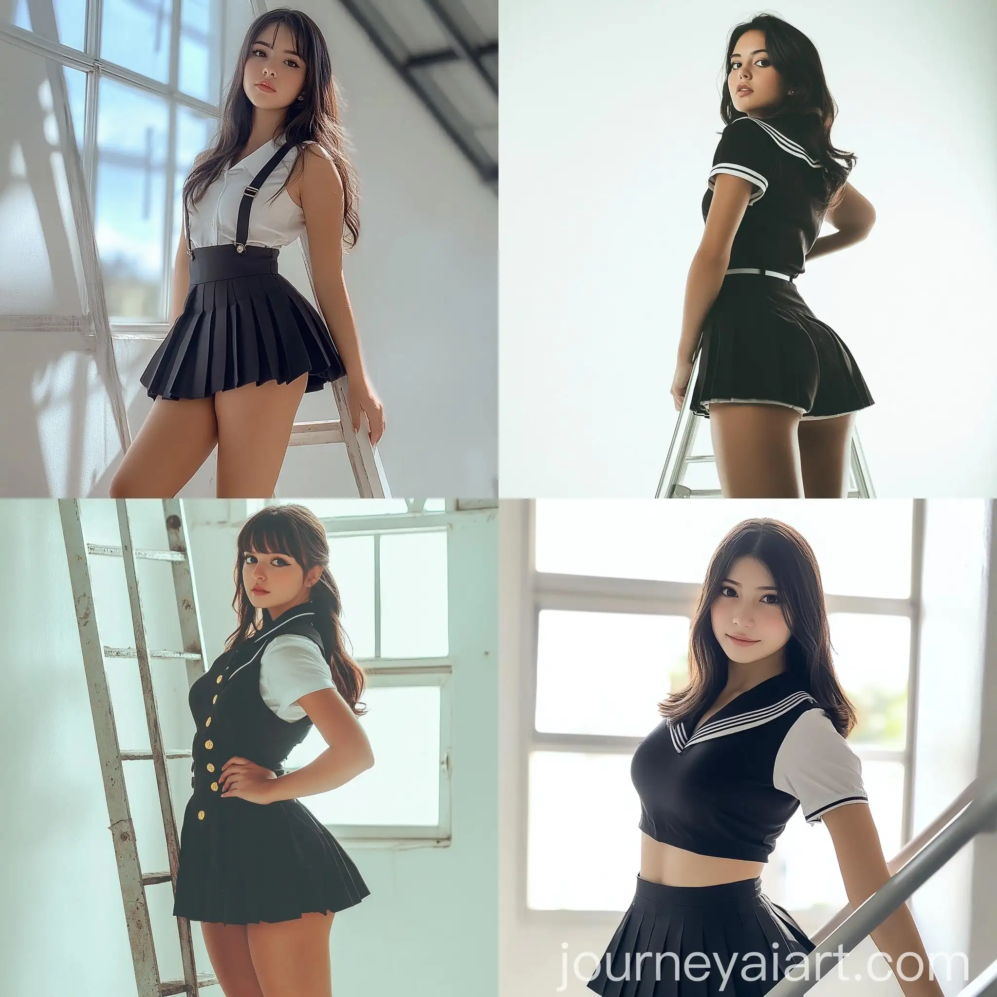 Brazilian-Woman-in-Black-School-Uniform-Posing-on-Ladder