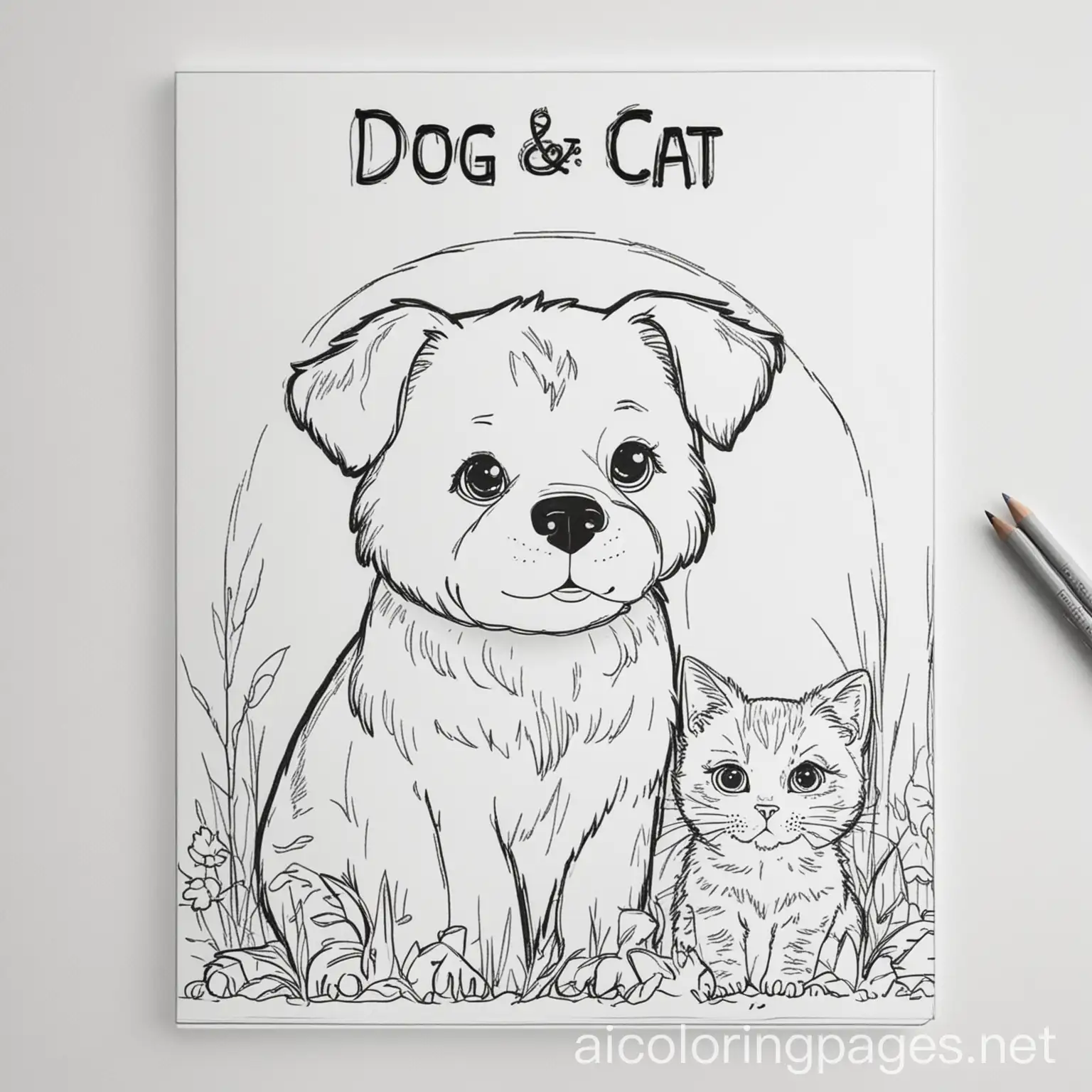 Dog-and-Cat-Coloring-Book-Cover-Black-and-White-Line-Art