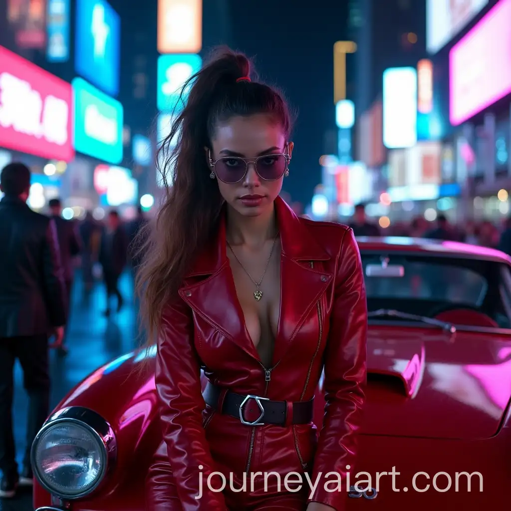 Eurasian-Woman-in-Red-Leather-Jumpsuit-Leans-on-Vintage-Ferrari-250-GTO-in-Times-Square-at-Night