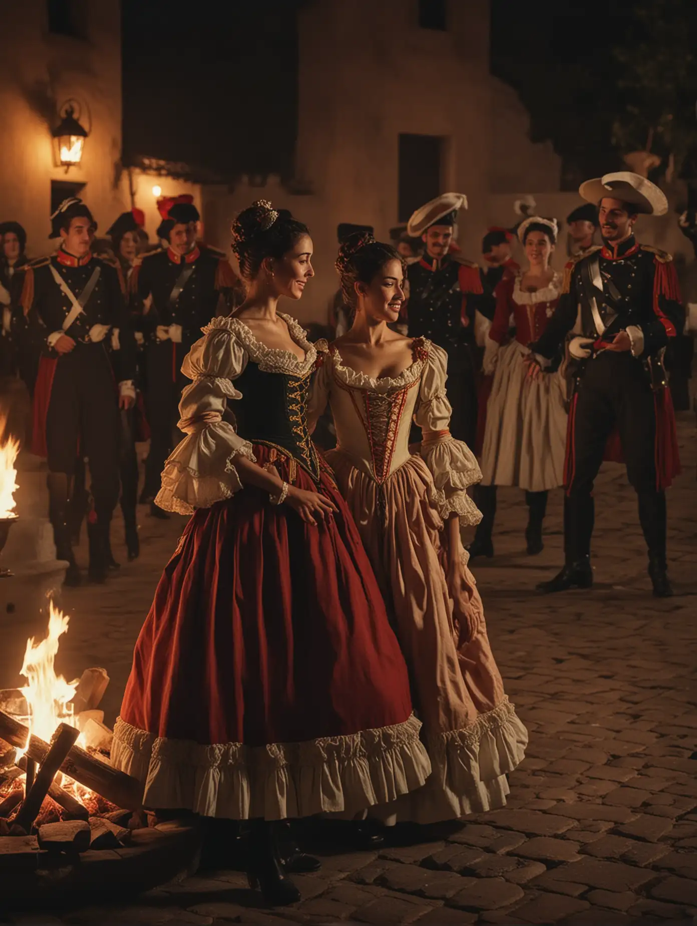 An epic 17th century scene featuring two beautiful and gorgeous female Spanish dancers, surrounded by Spanish soldiers by the fire, outdoor yard, at night, full motion,   faces expression, cheerful mood,  cinematic view