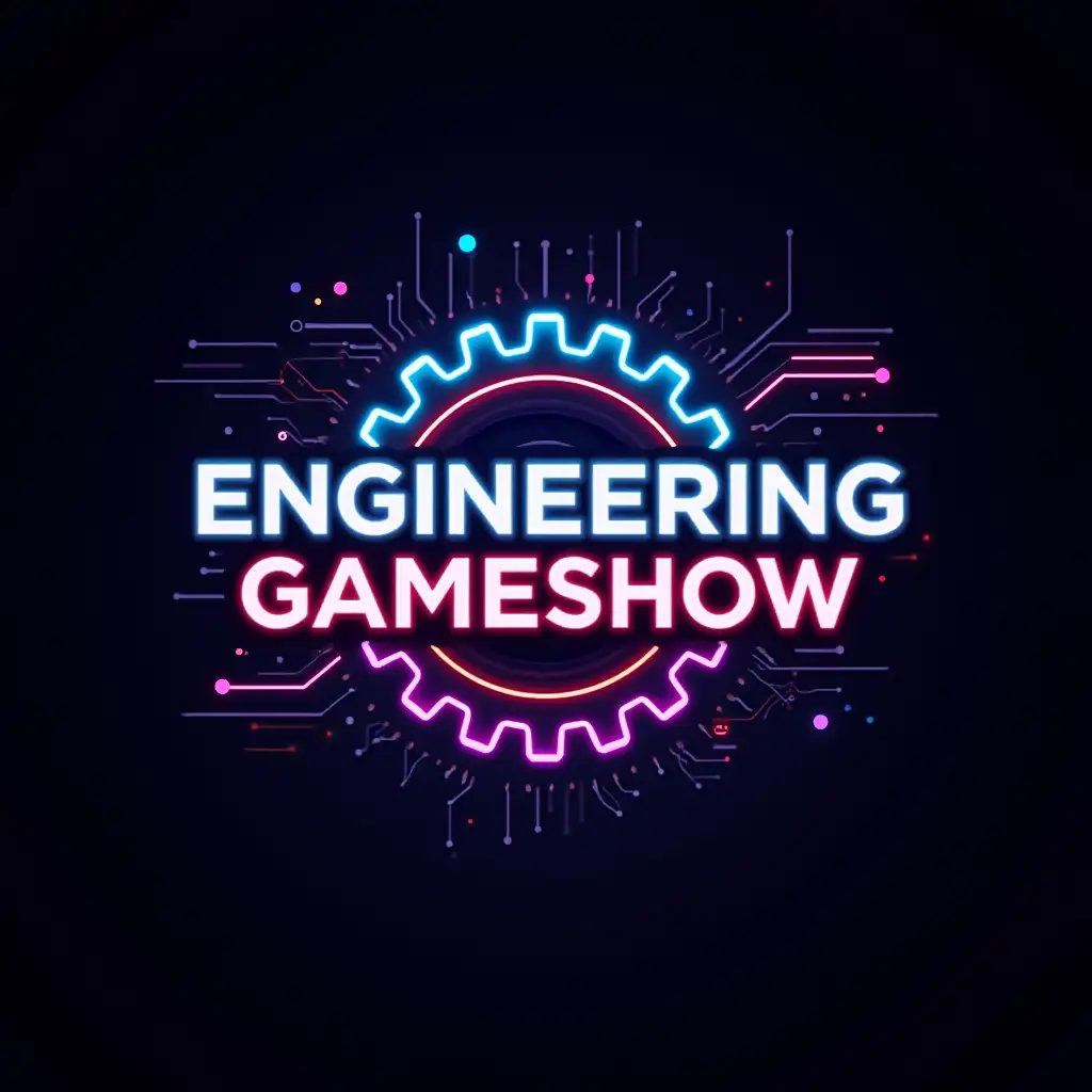 Create a futuristic neon-style logo for the event Engineering Gameshow at NaSCon’25, combining engineering precision with high-energy gameshow excitement. The design should have a dark background with a vibrant neon color palette of electric blue, pink, orange, and purple, creating a modern, high-tech atmosphere. The logo must prominently feature the text 'Engineering Gameshow' in bold, futuristic, and glowing typography for maximum readability. A glowing gear or cog should serve as the central design element, symbolizing engineering and problem-solving. Inside or around the gear, integrate quiz and gaming elements, such as a game controller, buzzers, or circuit patterns, reinforcing the gameshow theme. To enhance the dynamic feel, subtle motion streaks, sparks, or digital glitches can be added. The final design should be sleek, modern, and visually striking, suitable for both digital and print media, effectively capturing the thrill of teamwork, strategy, and engineering challenges.