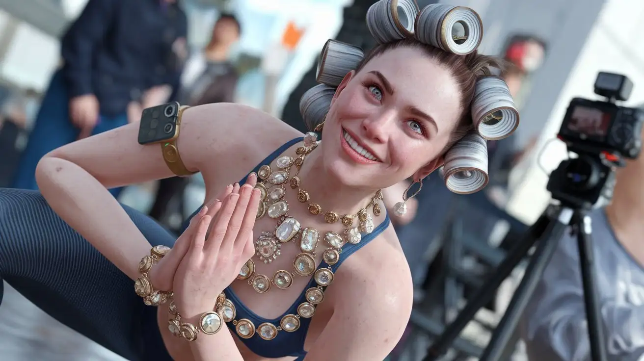 Photograph of a smiling woman in yoga posture with rollers in hair, wearing a sport leggings with heavy golden necklaces with gemstones, cellphone in hand, tripod and camera in the back, realistic highly detailed, people in the background