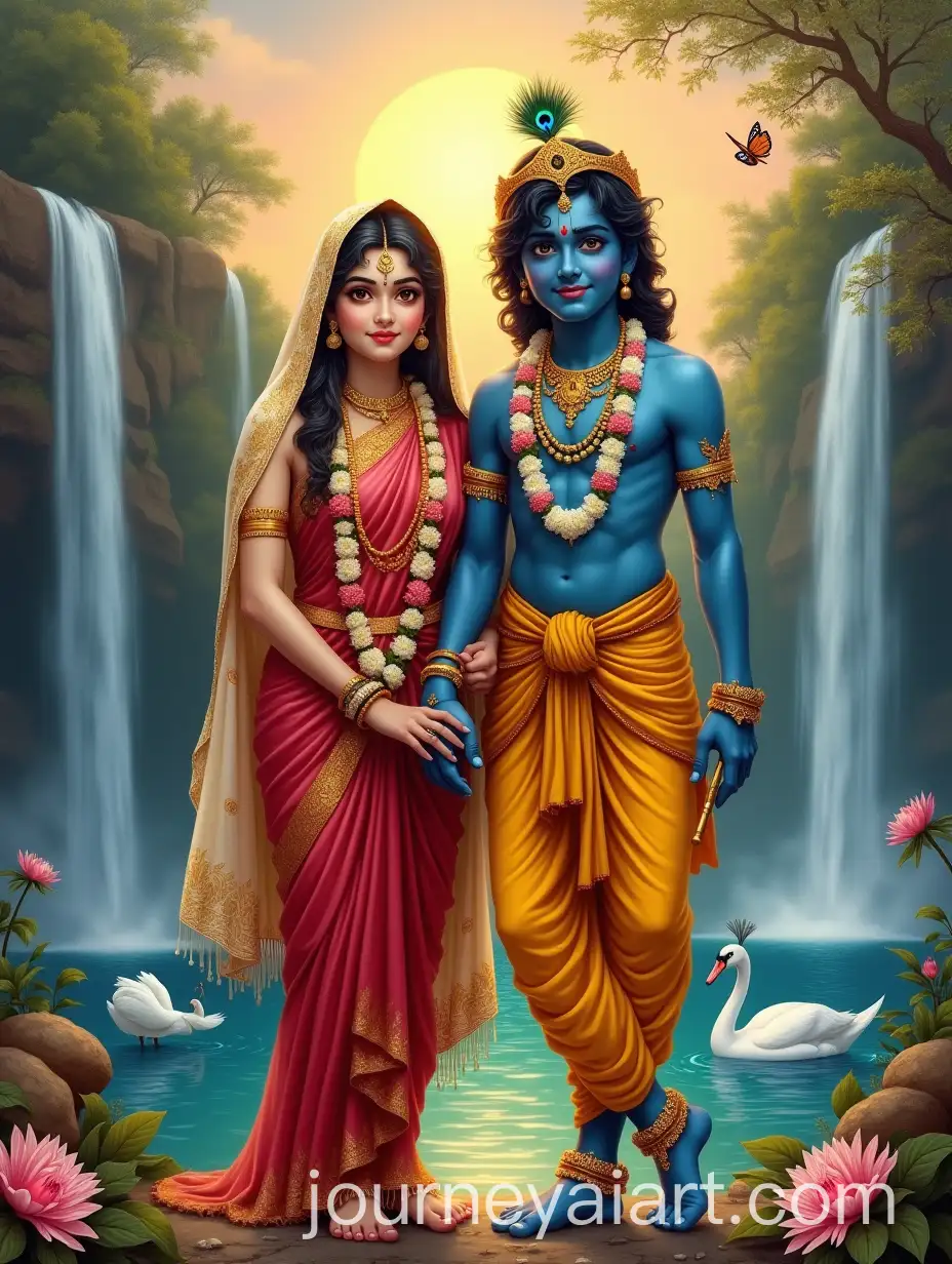 Radha-and-Krishna-in-Divine-Unity-by-a-Waterfall-with-a-Peacock-and-Swan