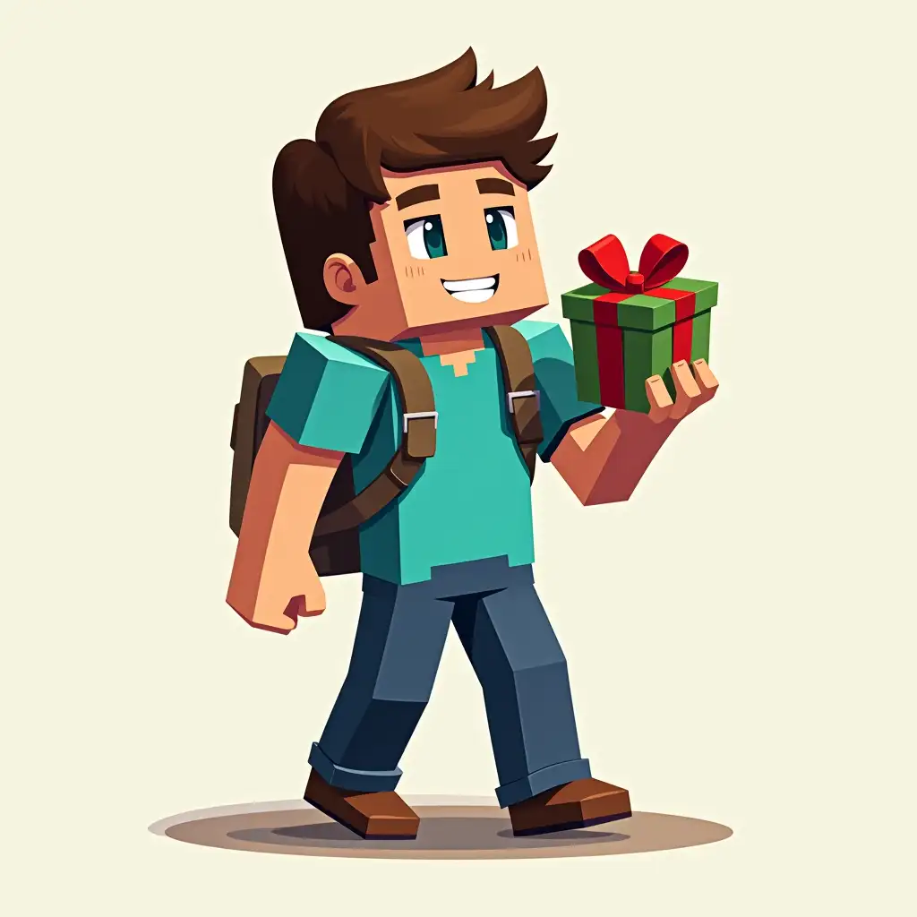 Hero of the game minecraft Alex drawn in vector image. Carries a birthday gift.