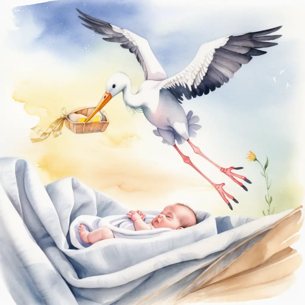 Whimsical Stork Delivering a Baby Wrapped in a Blanket in Watercolor