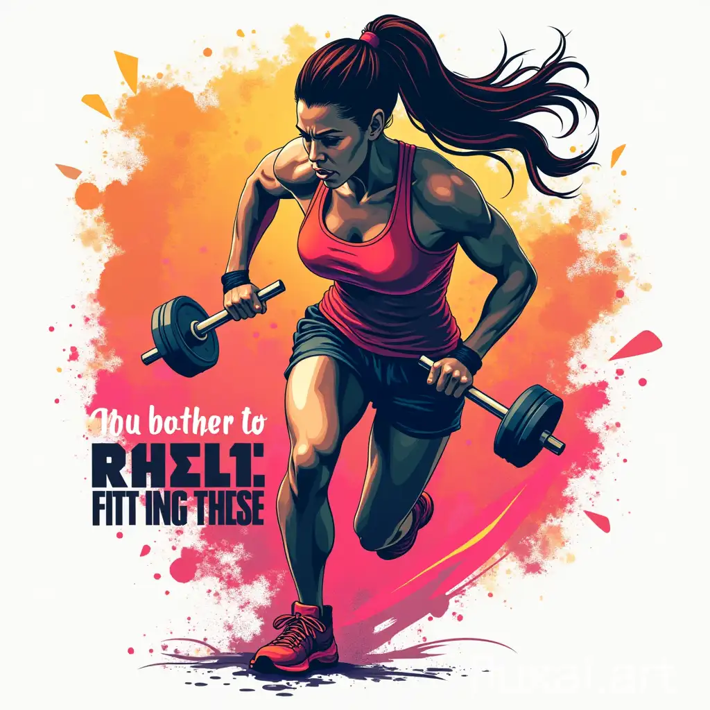 Create a high-quality T-shirt graphic featuring a powerful female athlete in action. Depict her mid-exercise, such as lifting weights or sprinting, with dynamic and energetic motion. Use vibrant, bold colors to emphasize strength and vitality. Include an empowering motivational quote in modern, stylish typography. Incorporate abstract geometric shapes or energetic patterns in the background to enhance the sense of movement and energy. The design should inspire confidence and showcase the strength and determination of women in fitness.