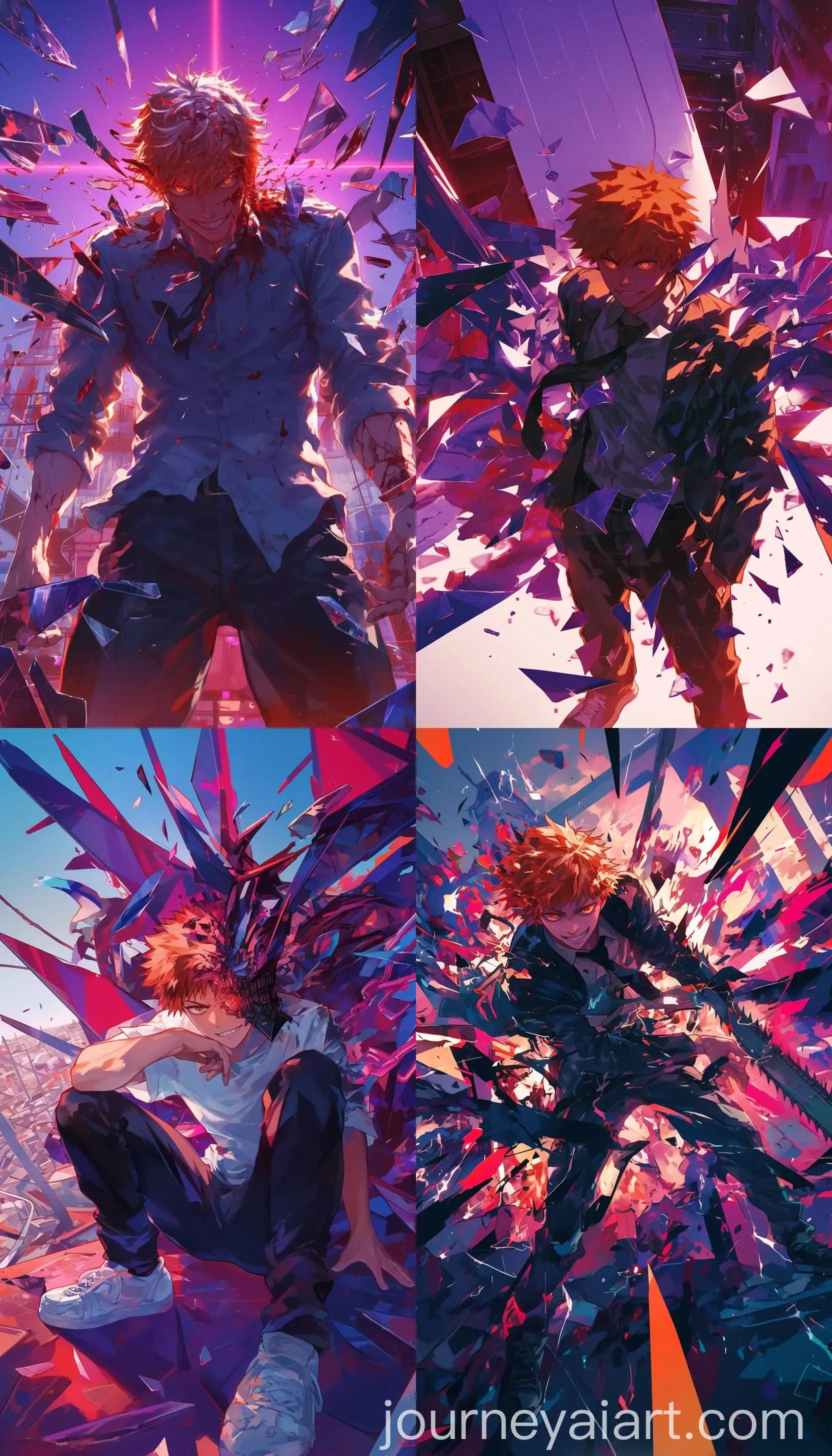 Denji-Chainsaw-Man-Character-with-Red-Super-Powers-and-Shattered-Glass-Flying