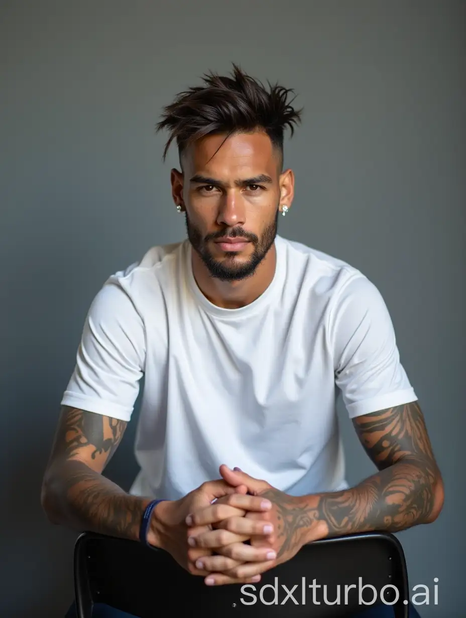 A football superstar Neymar Sitting on a chair wearing white shirt, facing towards the camera, gray wall background, Middle shot