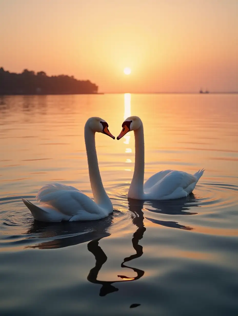 beautiful sea smoothness of the sea at sunset and loving pair of swans in the sea