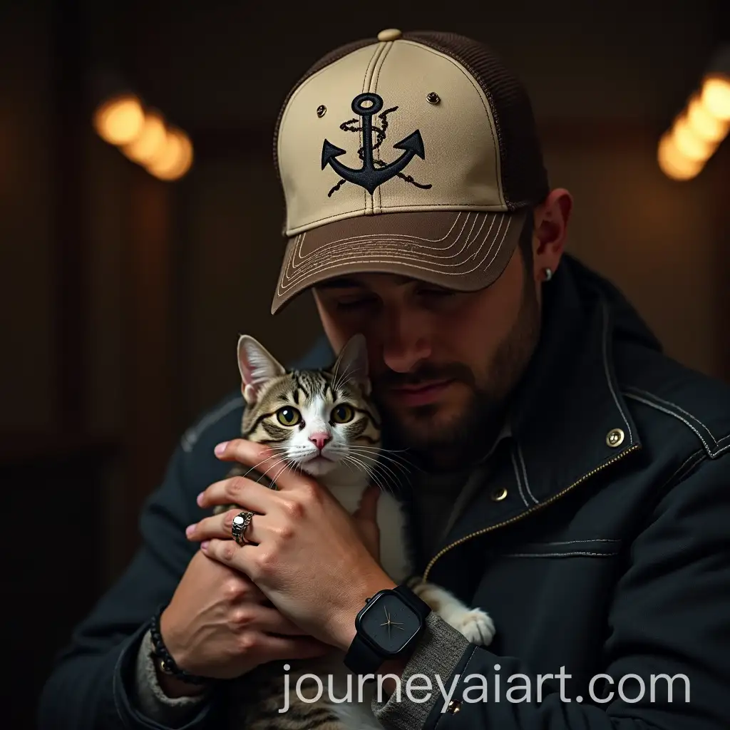 Man-Holding-Tabby-Cat-in-Cozy-Dimly-Lit-Setting-with-Subtle-Connection