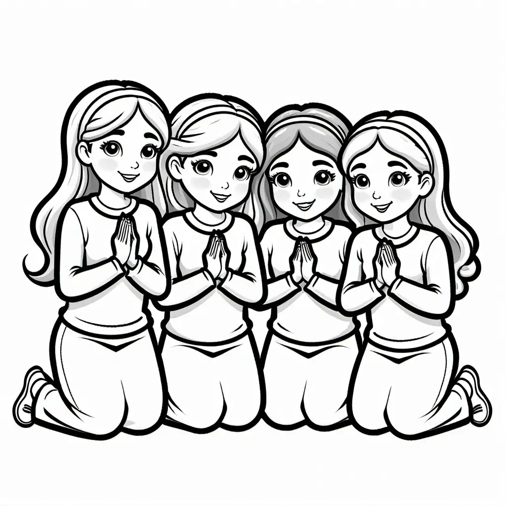 group of girls praying coloring book, Coloring Page, black and white, line art, white background, Simplicity, Ample White Space. The background of the coloring page is plain white to make it easy for young children to color within the lines. The outlines of all the subjects are easy to distinguish, making it simple for kids to color without too much difficulty