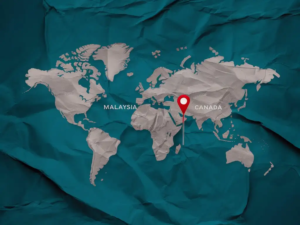 This #03A696 dark turquoise color background with minimal crumple paper texture and grey color world map with red pin location at Malaysia and Canada