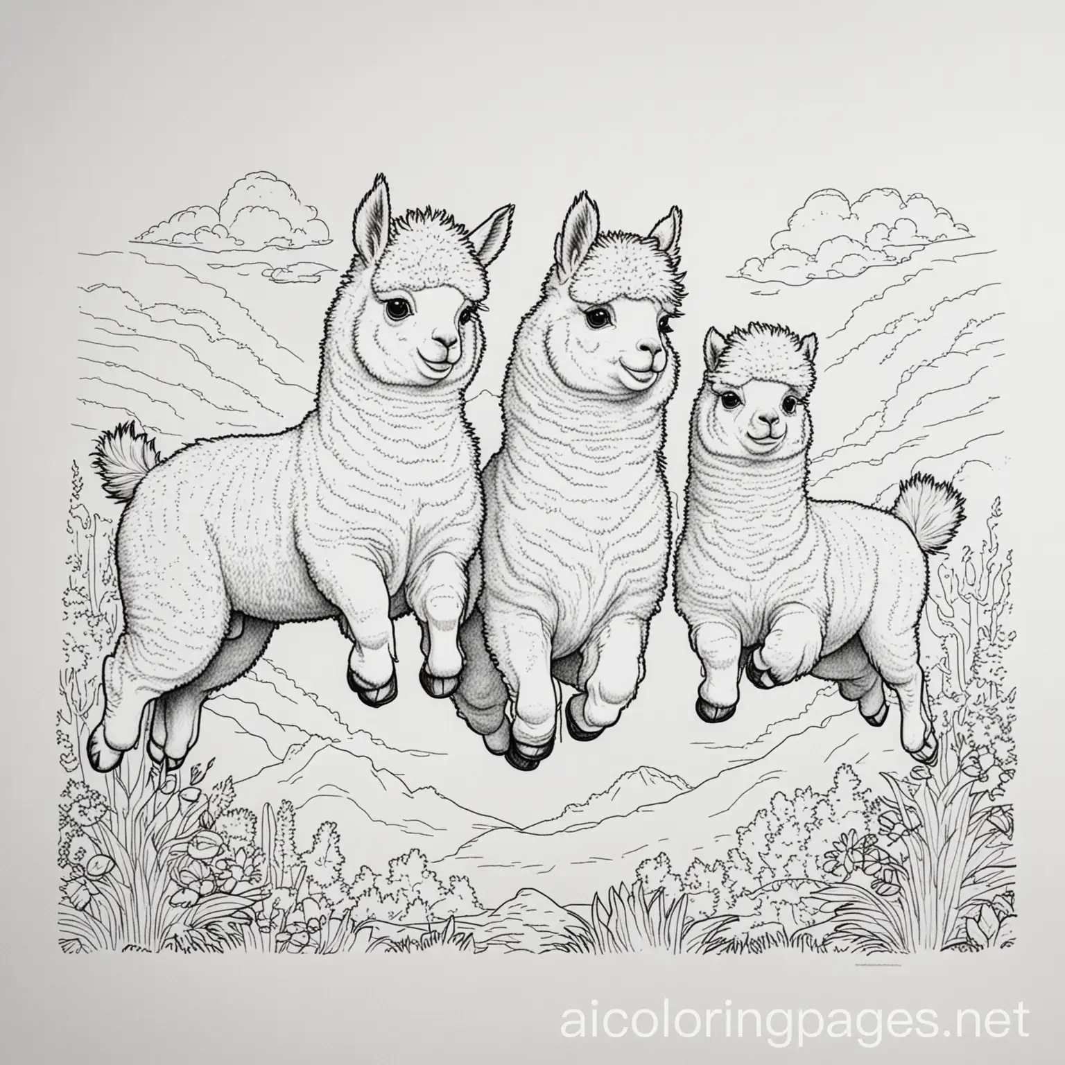 Jumping alpacas, Coloring Page, black and white, line art, white background, Simplicity, Ample White Space. The background of the coloring page is plain white to make it easy for young children to color within the lines. The outlines of all the subjects are easy to distinguish, making it simple for kids to color without too much difficulty