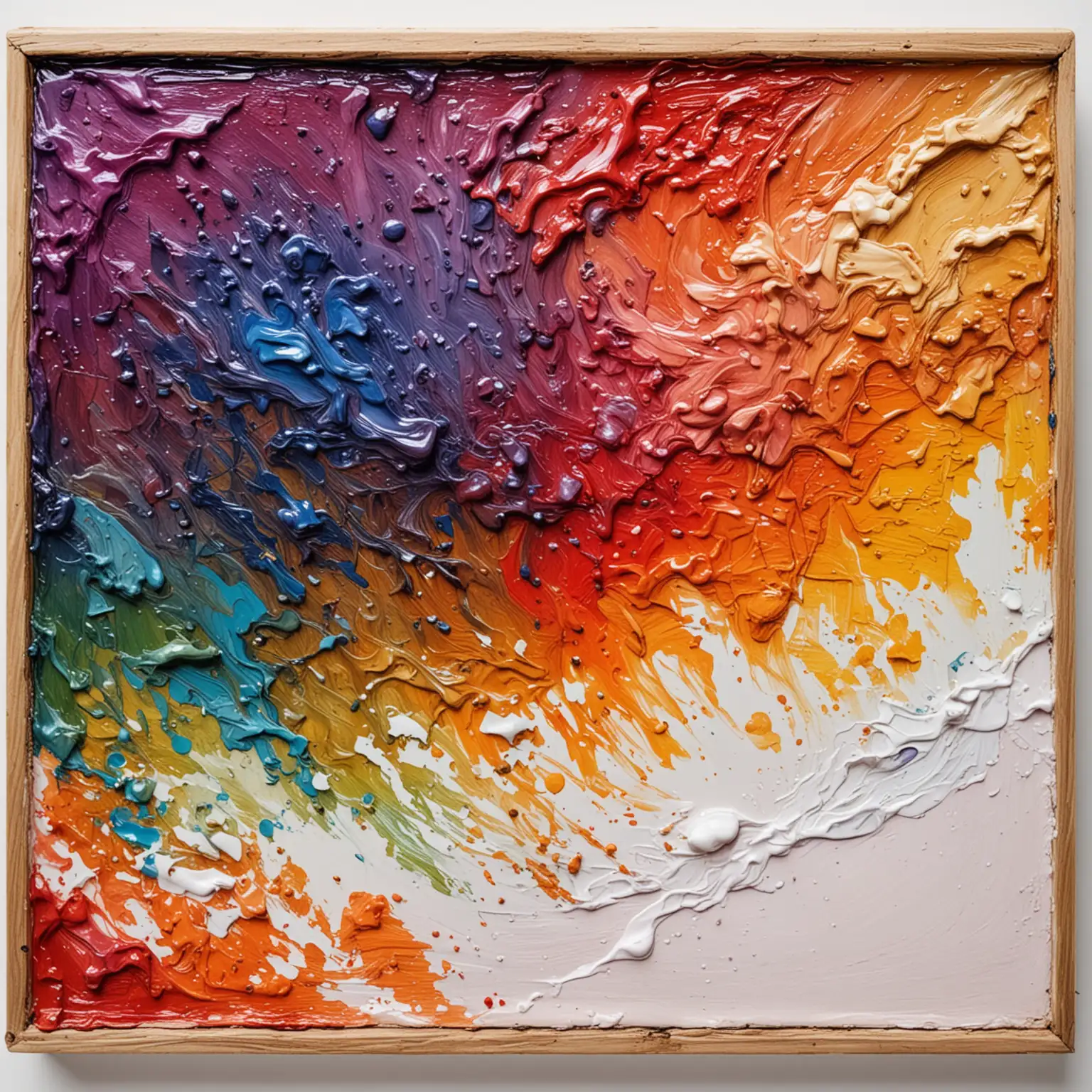 view strictly from above: multi-colored layers of oil paint (the paint is wet and shiny) on a wooden palette. White background.