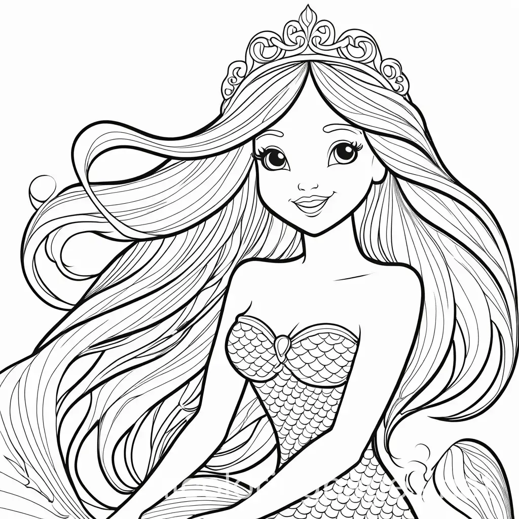 beautiful happy, cute princess mermaid with long hair easy to color background for kids coloring page, Coloring Page, black and white, line art, white background, Simplicity, Ample White Space.