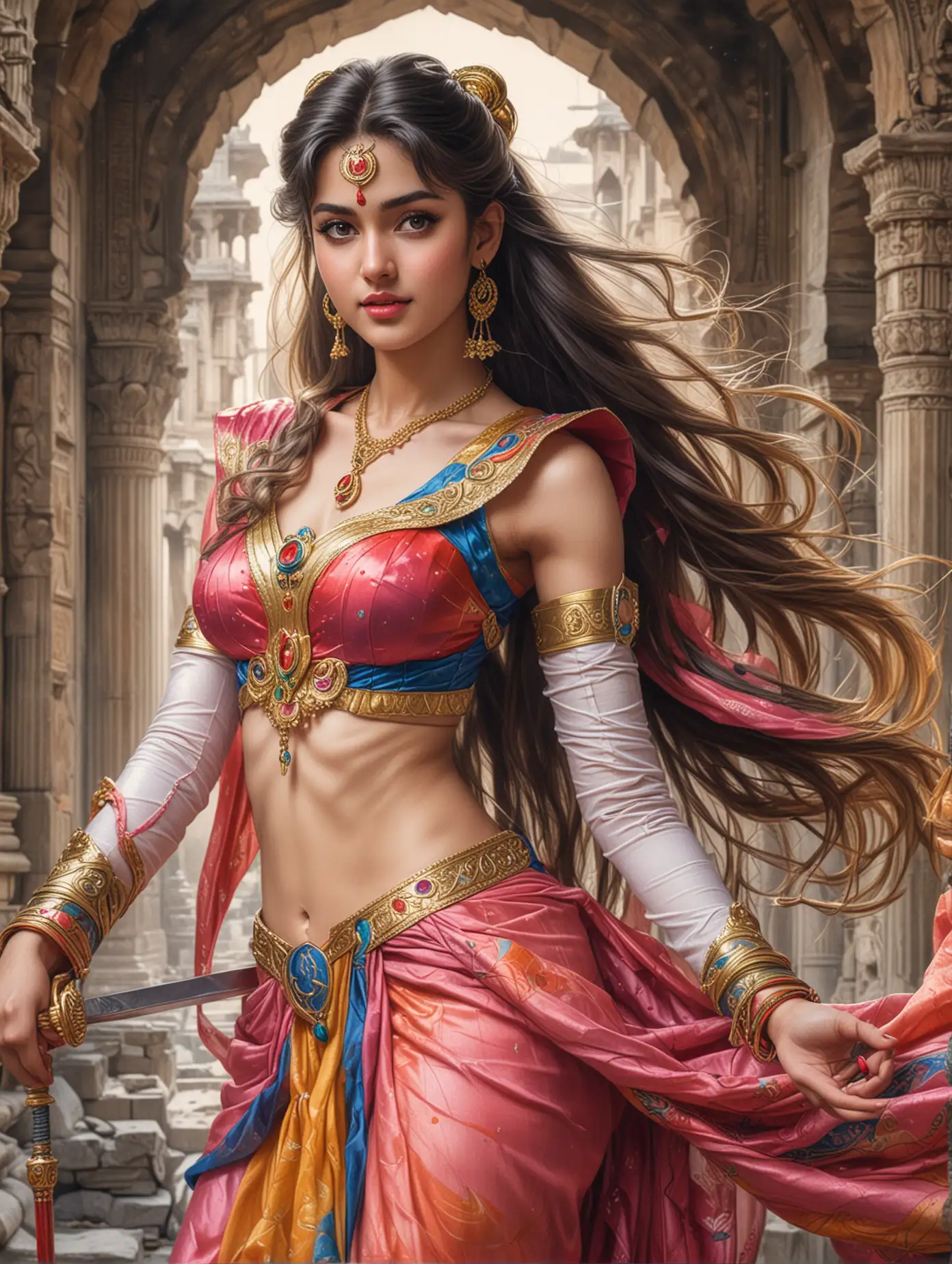 Medium close up view captured, surealism style, a Highly detailed colored pencil sketch drawing of a beautiful sailormoon, flowing long hair, in cosplay as hindustan princess wears multicolors traditional saree dress, holding a curved sword, ready for action pose, in ancient abandoned hindustan temple background, medieval fantasy theme, intricate details, sharp focus, matte colorful organic shape, masterpiece art, high resolution,