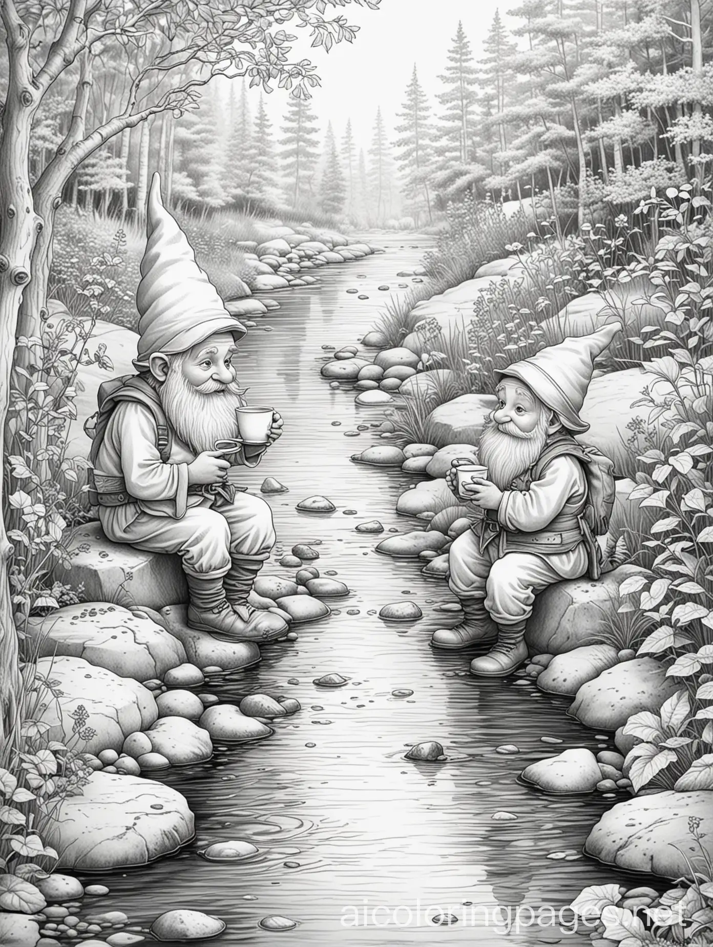 Two-Gnomes-Enjoying-Tea-by-a-Calm-Stream-Black-and-White-Line-Art-Coloring-Page