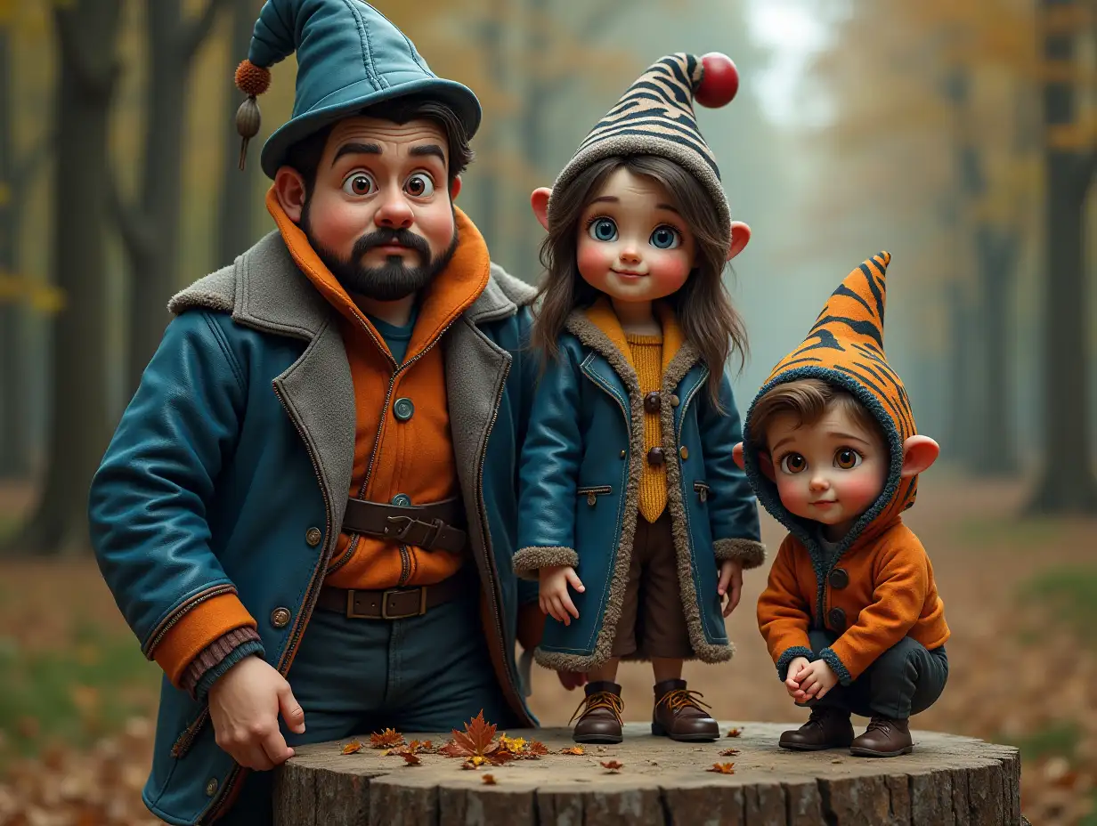 CI-Fantasy-Family, Mann,Woman,Children with Pinocchio face with and blue and orange leather coat, Zebra pattern stands On a stump in 4k