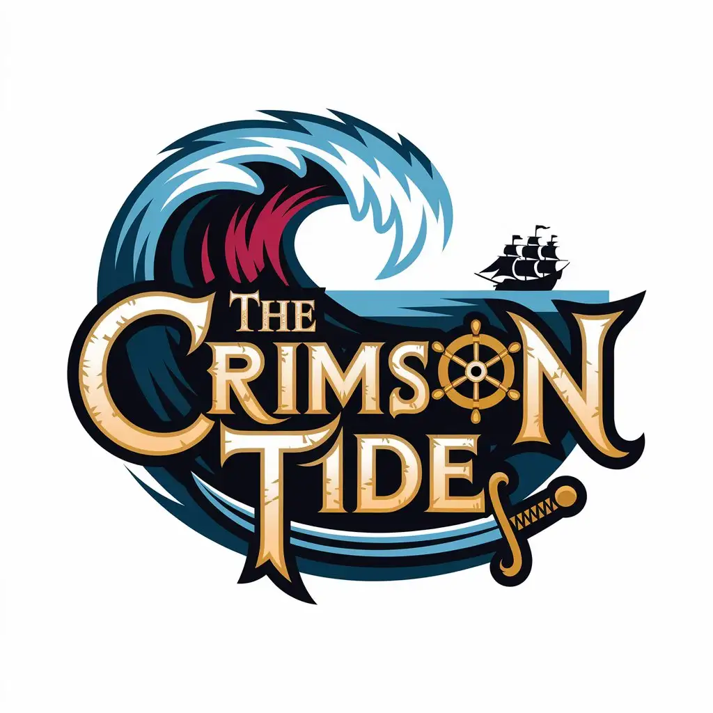 LOGO Design for The Crimson Tide Bold Pirate Theme with Gold Lettering Ship Wheel Sword Elements