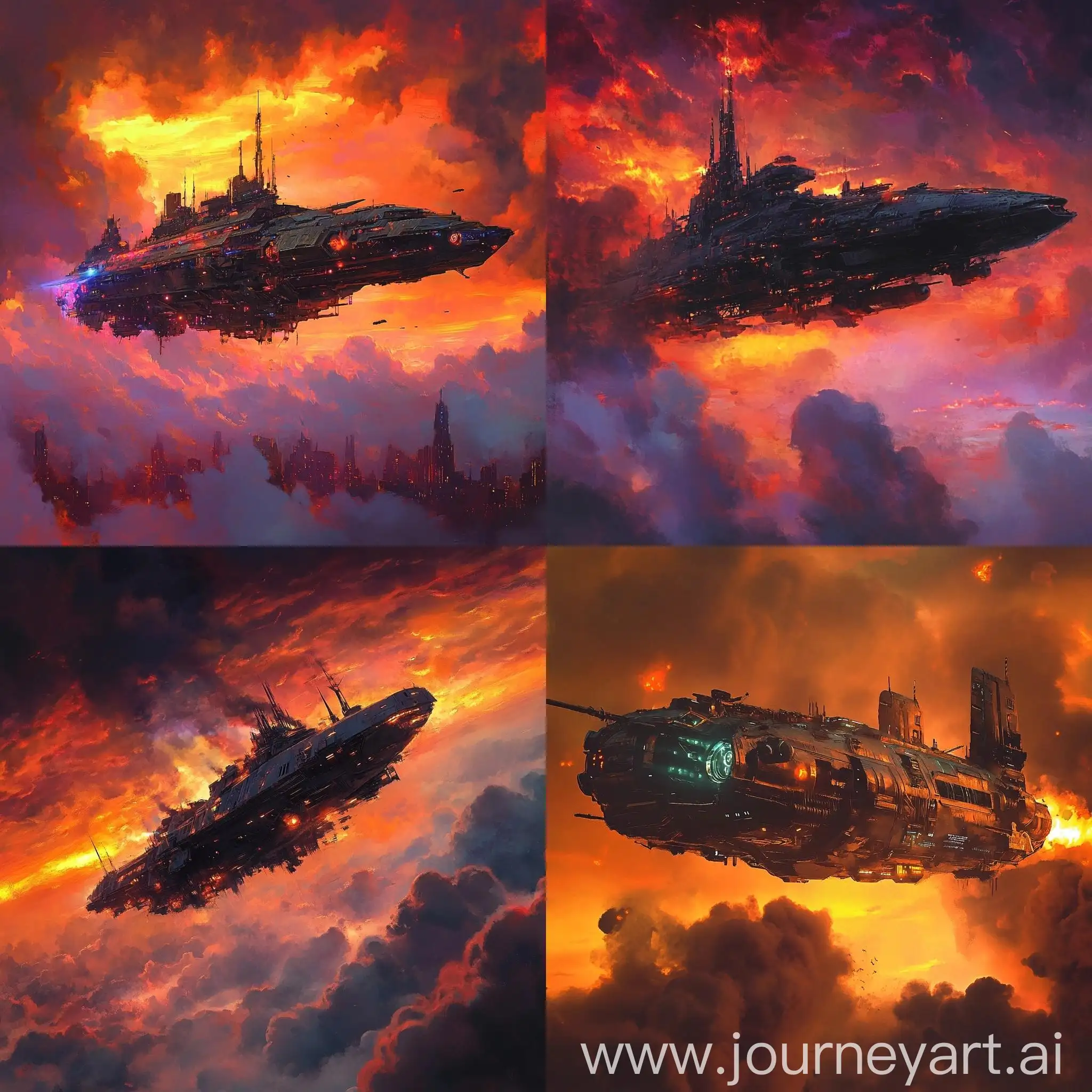 Futuristic-Cyberpunk-Ship-in-Fiery-Sky