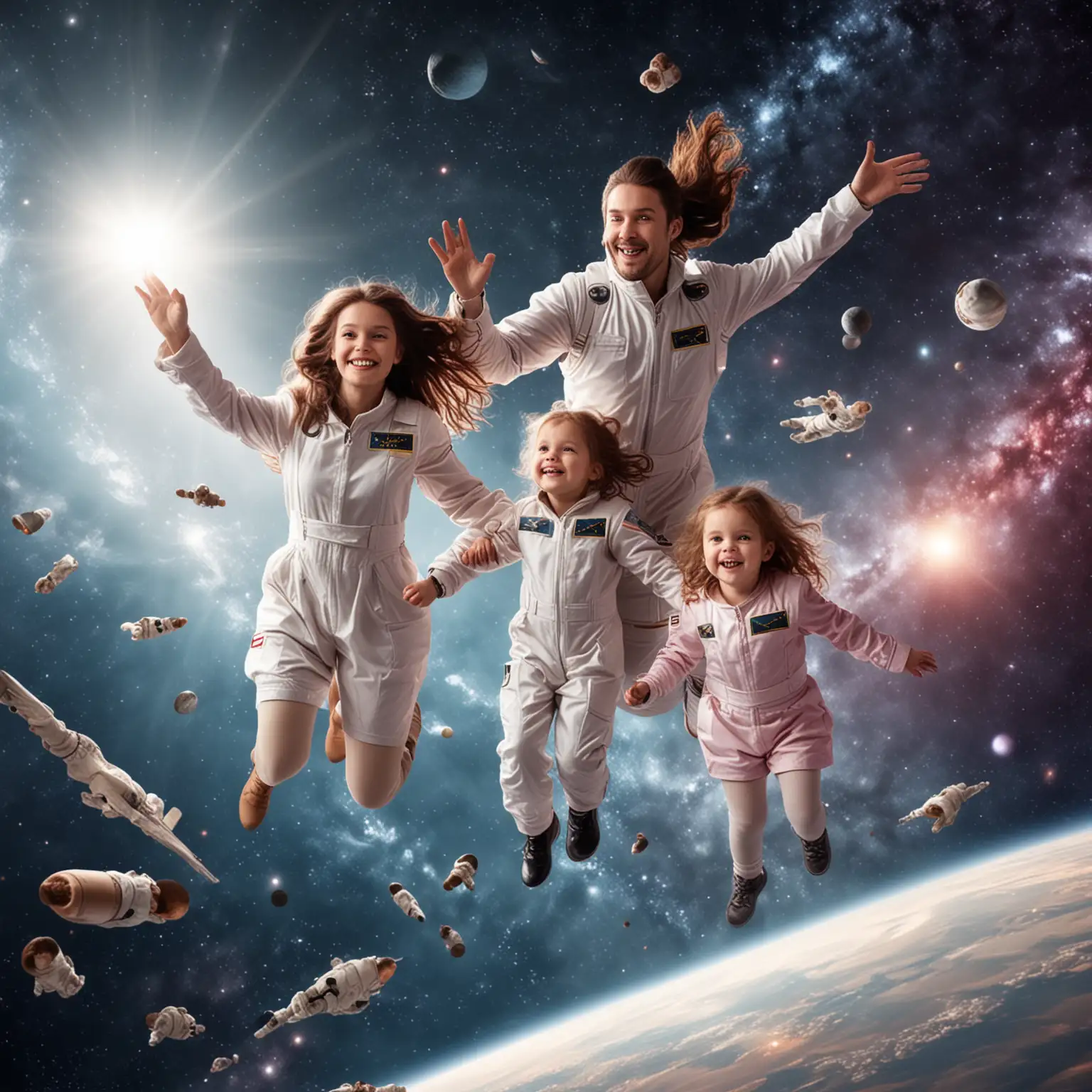 Family, man, woman, 2 little kids girls, flying in the space.