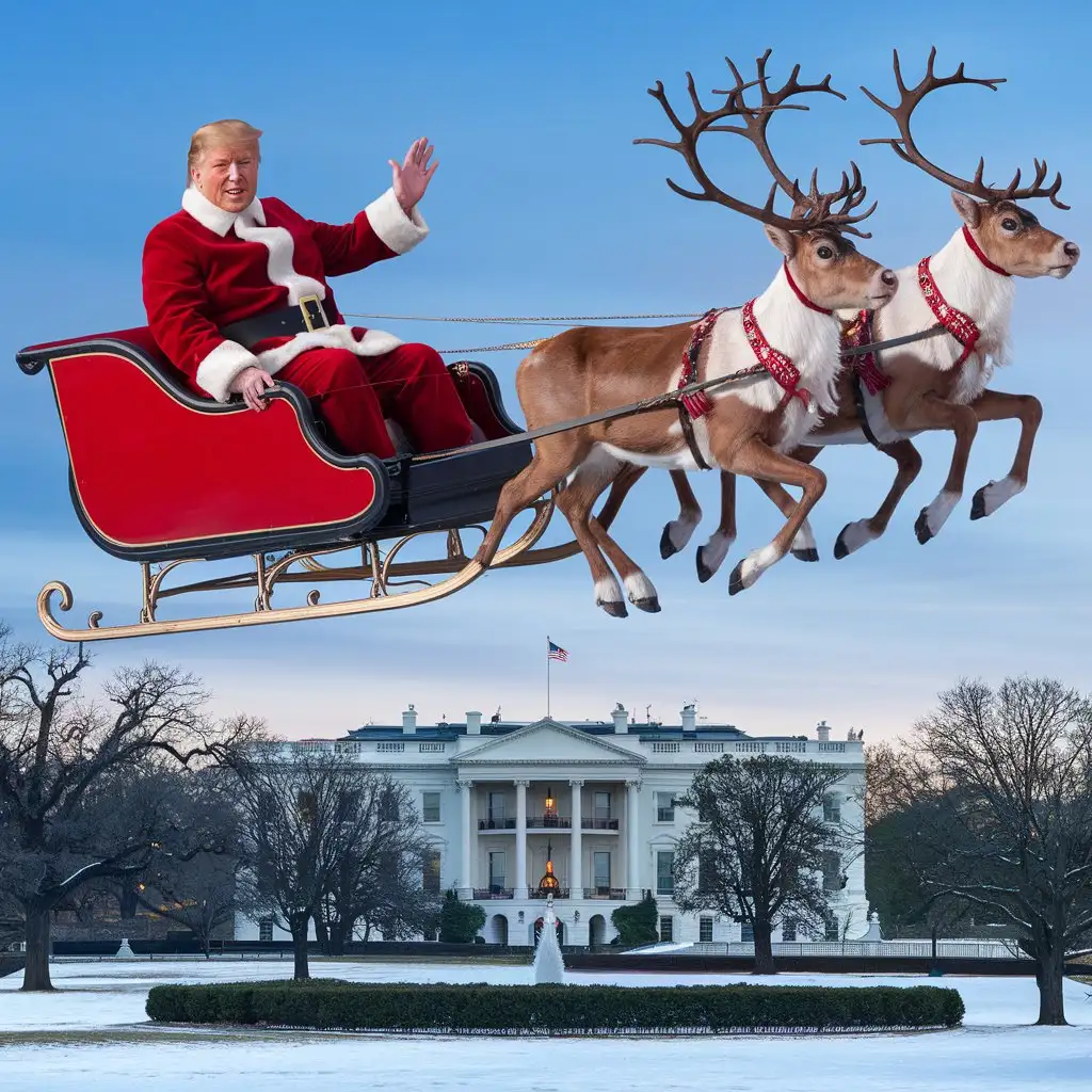 President Trump dressed up like Santa Clause riding in his sleigh. Santa Trump and his Reindeer are flying around Washington DC and the white house is in sight.