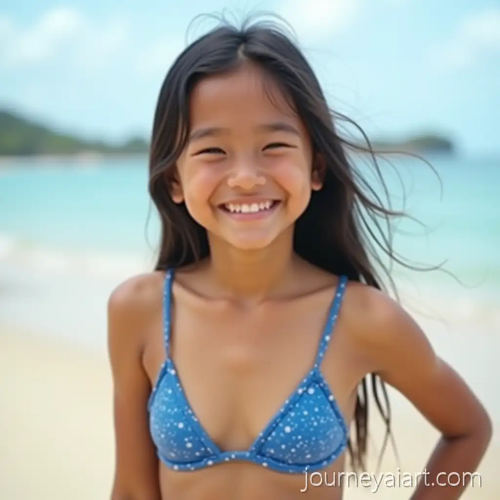 Smiling-Asian-Teen-Girl-in-Blue-Bikini-on-Sandy-Beach
