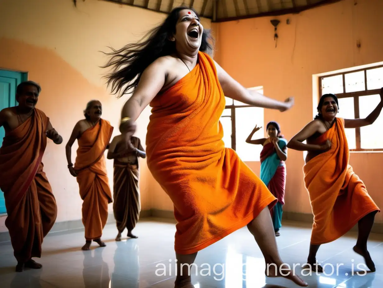 in an Indian Hindu ashram , people dancing and jumping...wearing orange bath towel , and a 57 year old fat mature curvy woman is laughing with long open hair