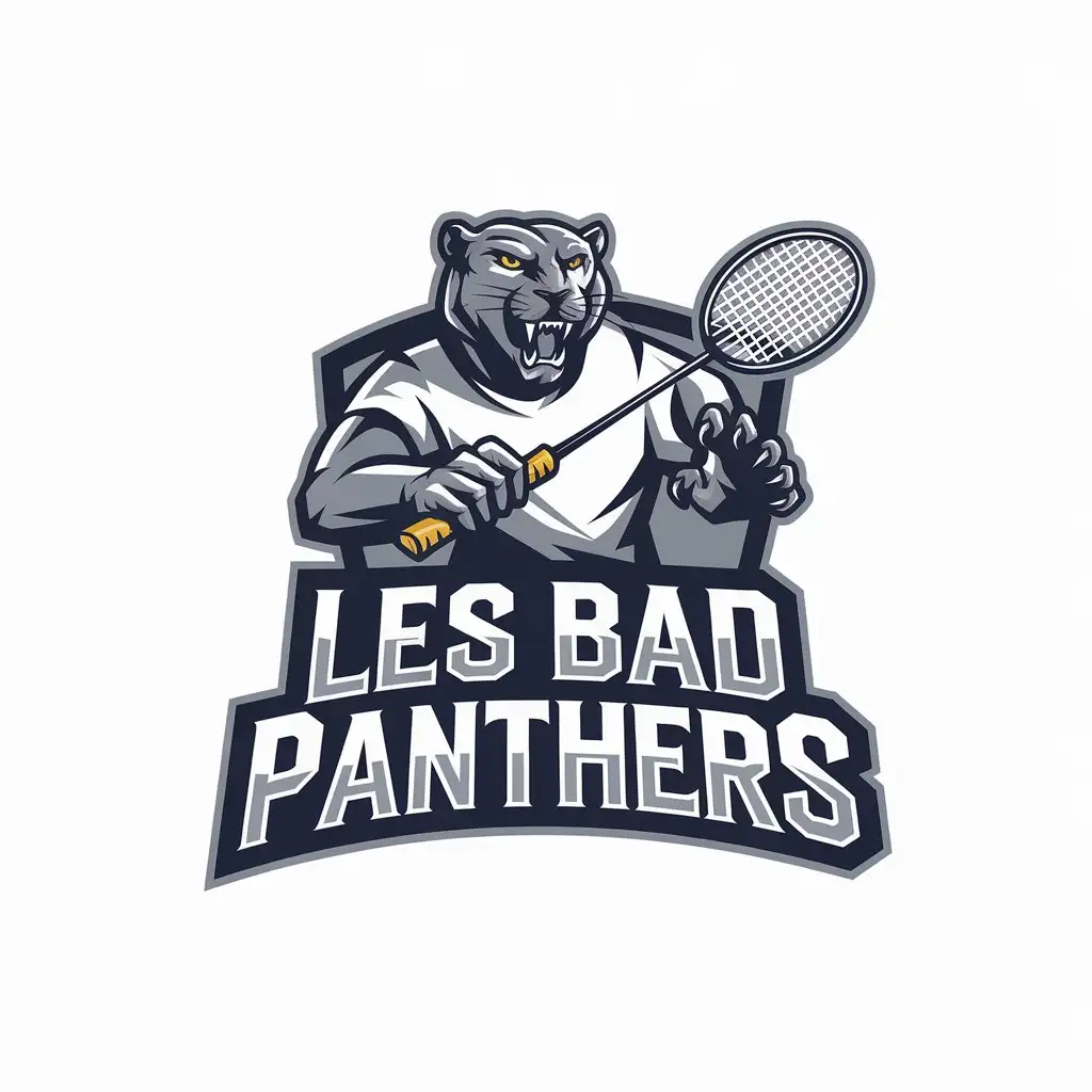 LOGO Design for Les Bad Panthers Panther Mascot Playing Badminton with Clear Background