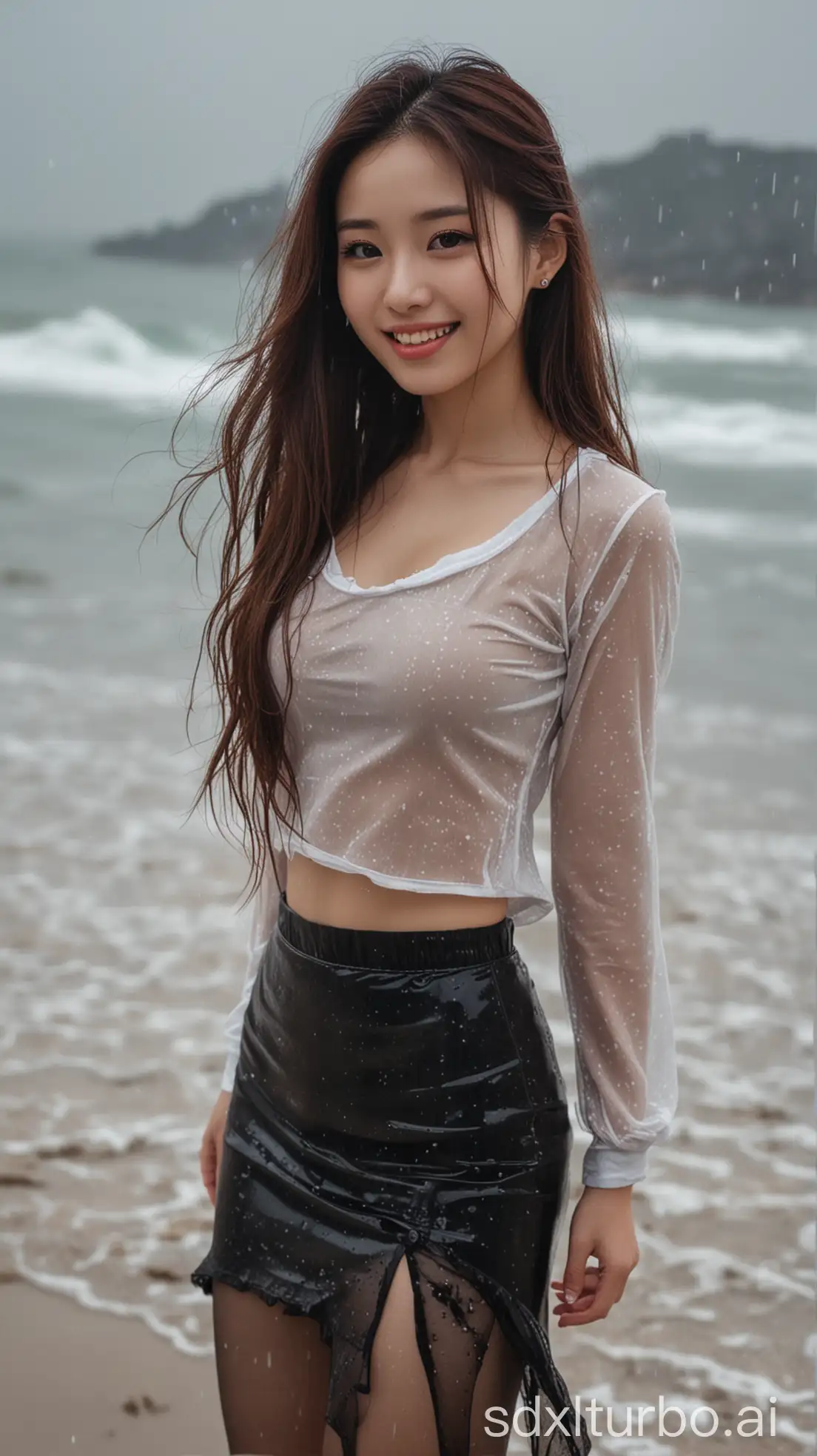 Chinese-Woman-in-Black-Transparent-Wet-TShirt-and-Long-Skirt-on-Rainy-Beach-at-Night