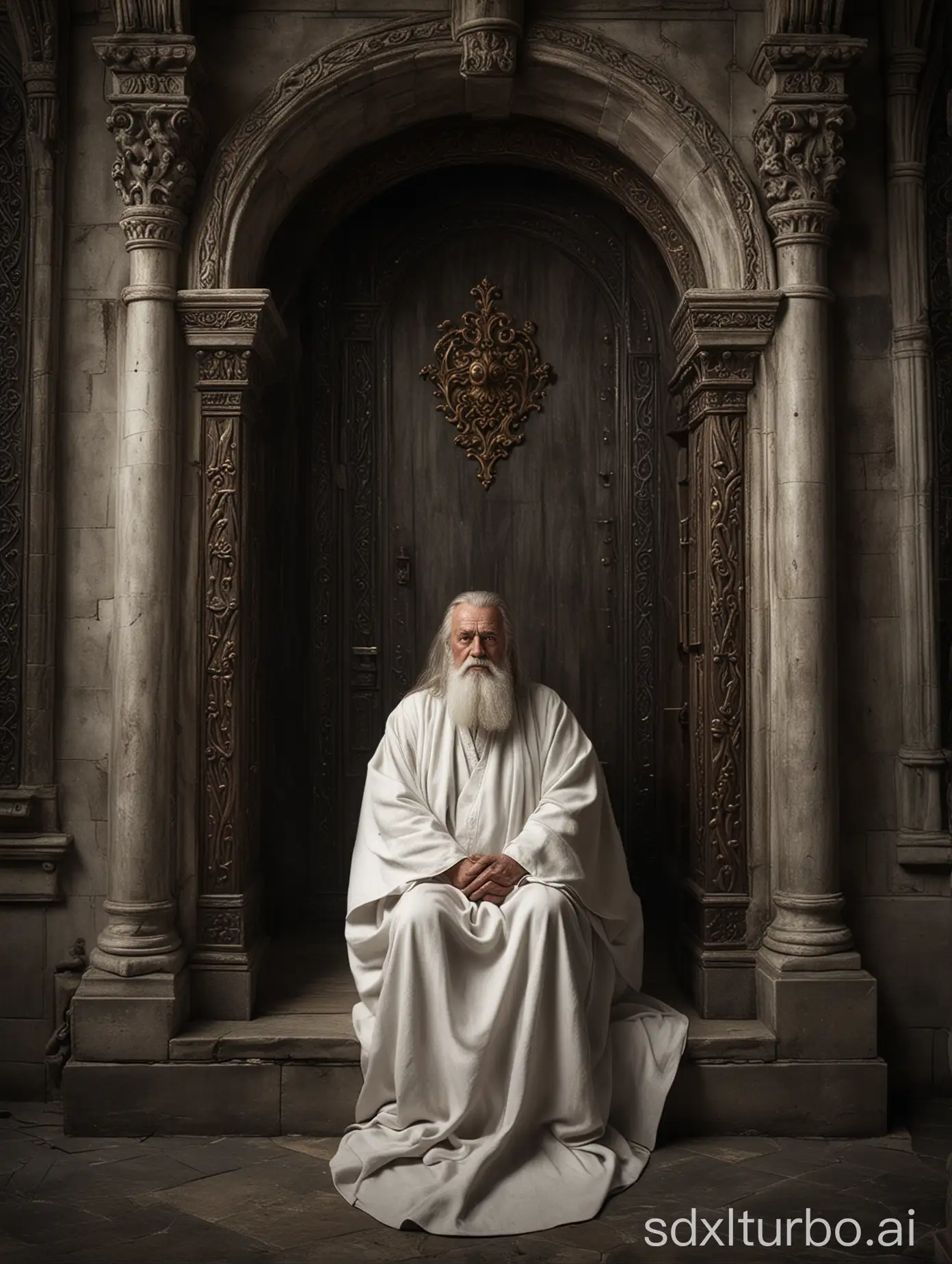 Medieval-Old-Man-Sitting-on-Throne-in-Dark-Castle