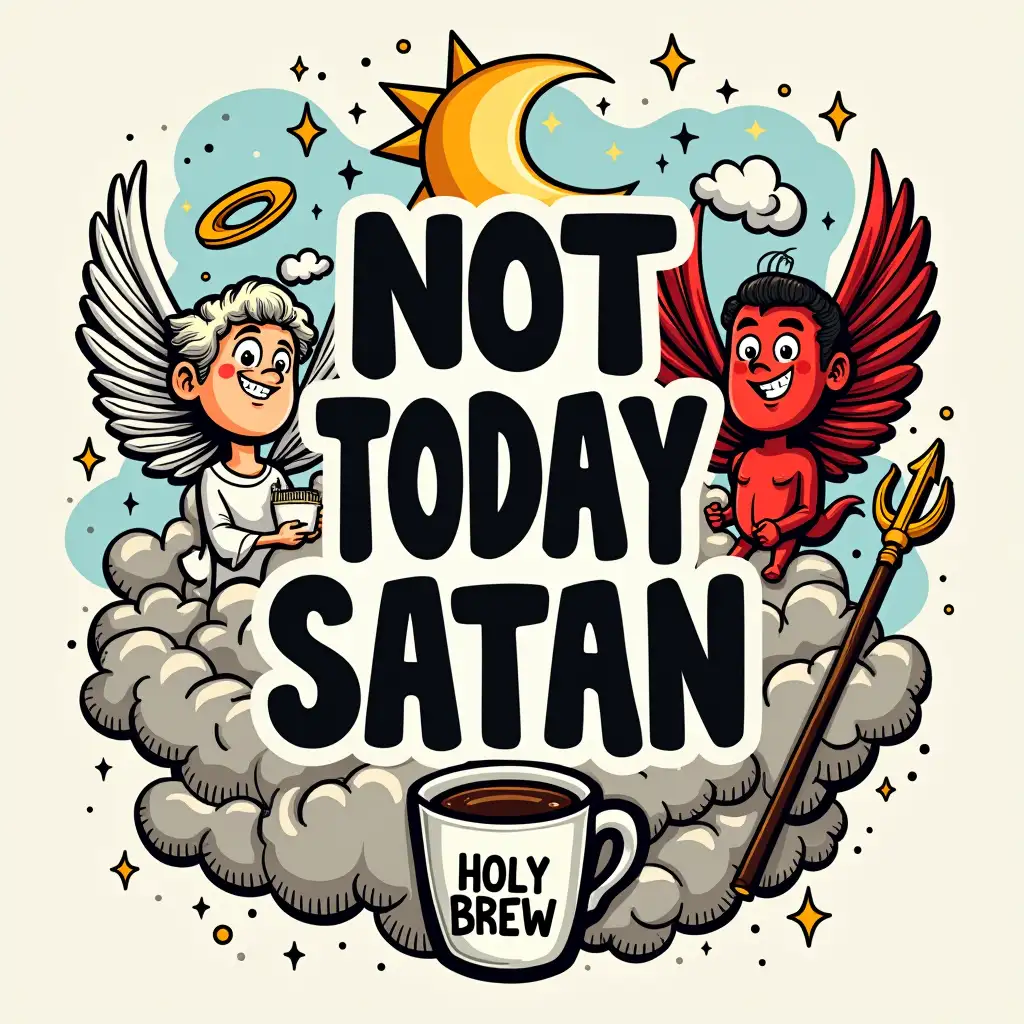 Vector. Create a humorous and edgy graphic featuring a bold, black 'NOT TODAY SATAN' text surrounded by celestial and demonic imagery. Include a cartoon angel and a cartoon devil, each with exaggerated features. Add decorative elements like clouds, stars, and a halo for the angel, and a trident for the devil. Incorporate a playful 'HOLY BREW' coffee cup for a touch of irony. The overall style should be vibrant and detailed, with a touch of pop art influence.