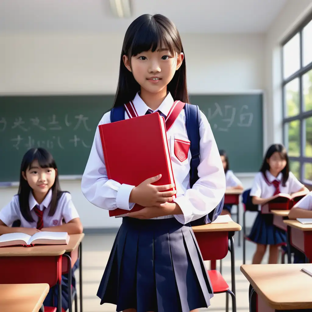 a Asian student in school uniform holding a red book, school, school format, desks, realistic