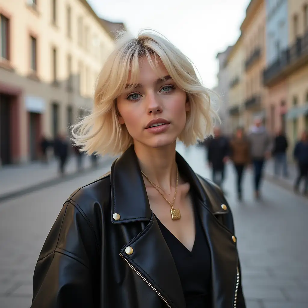 beautiful girl 20 years old, with short blond hair, in stylish clothes, against the background of the street, fashion photography, portrait