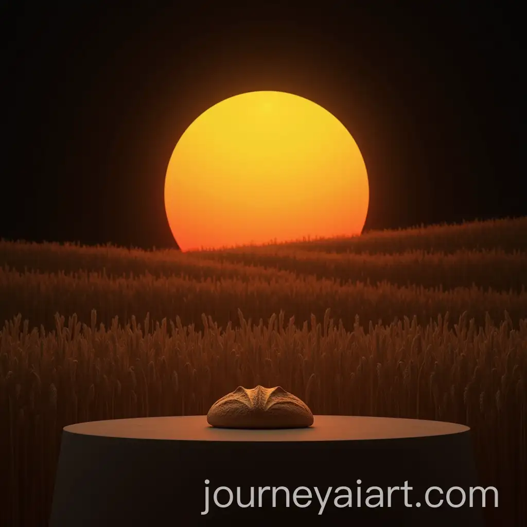 Rising-Sun-Over-Wheat-Field-with-Bread-on-Table-in-Minimalist-Setting