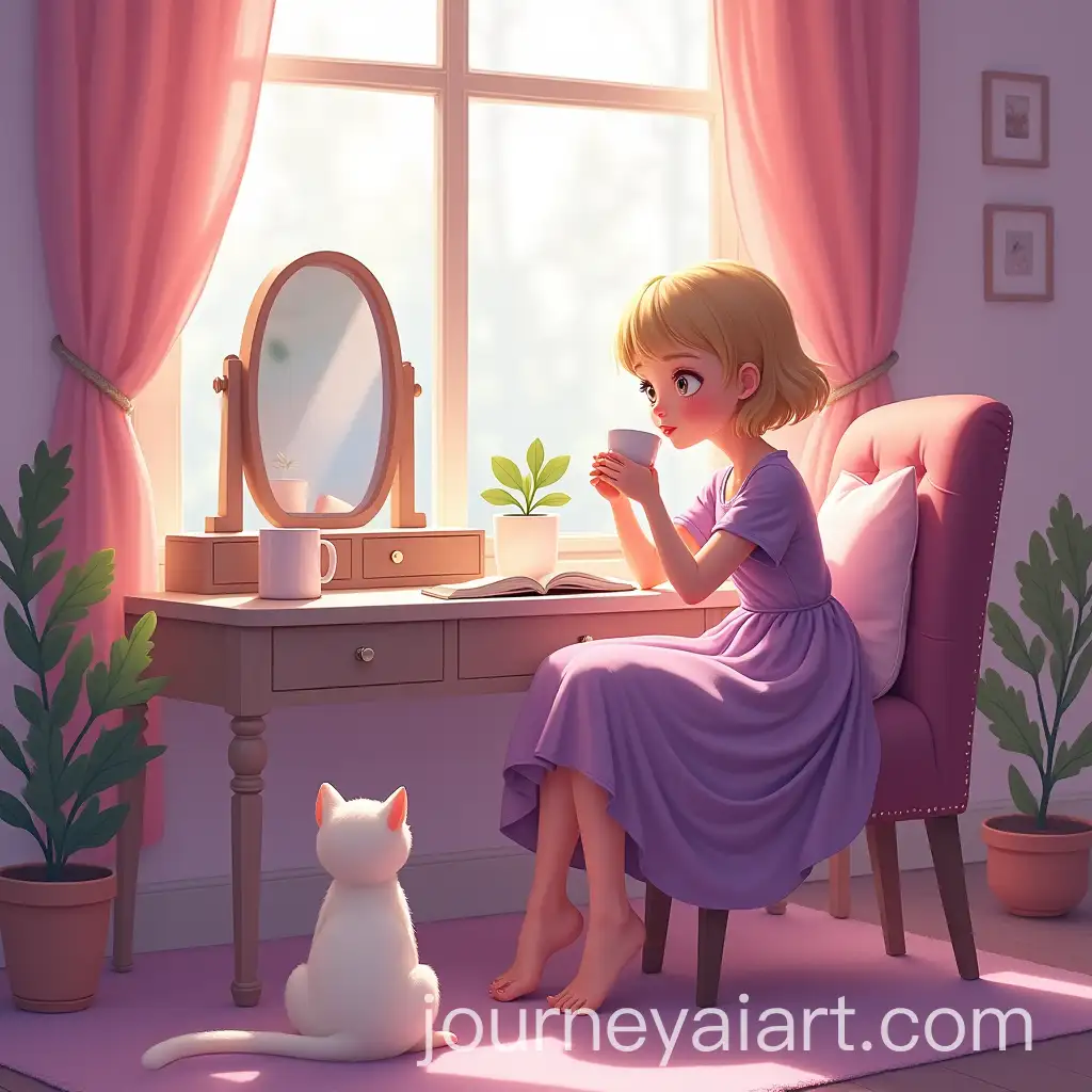 Young-Woman-in-Purple-Dress-Enjoying-Coffee-in-Cozy-Room-with-White-Cat